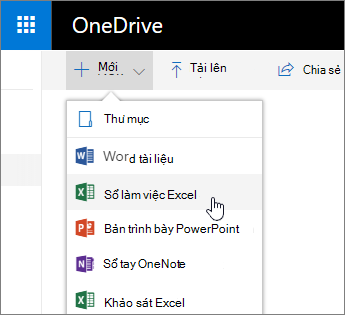 Menu mới của OneDrive, lệnh sổ làm việc Excel