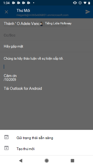 Hiển thị màn hình Android với bản thảo email bị mờ đi, và nút "gửi sẵn sàng" bên dưới.