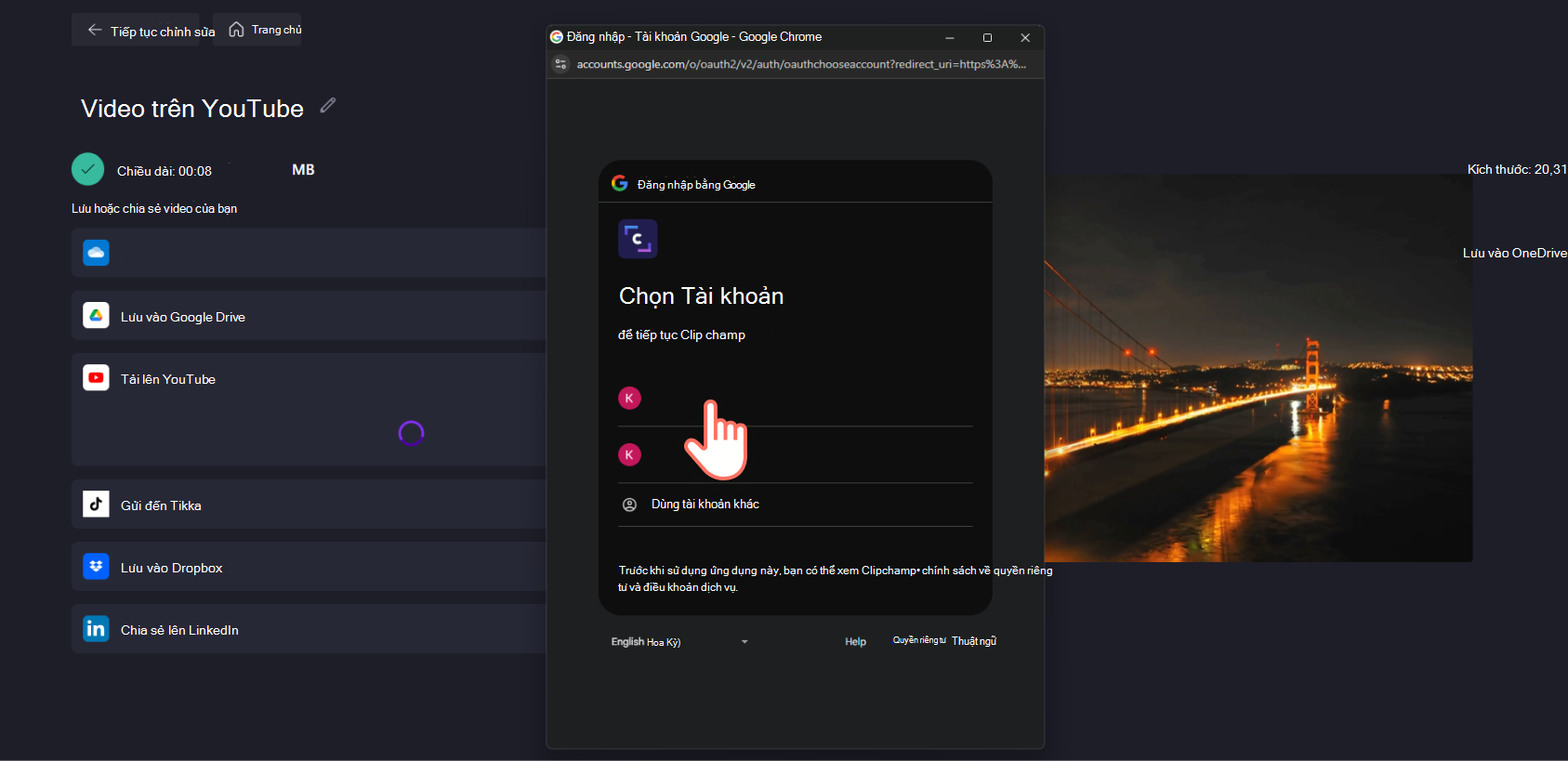 Ảnh chụp màn hình một người Clipchamp chọn tài khoản YouTube của họ.