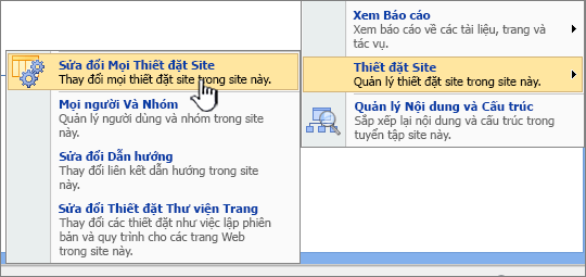 Sửa đổi tất cả tùy chọn thiết đặt site bên dưới thiết đặt site