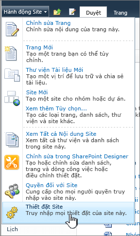 Thiết đặt site trên menu hành động site