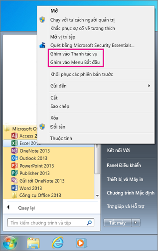 Ứng dụng Ghim Office vào menu Bắt đầu hoặc thanh tác vụ trong Windows 7
