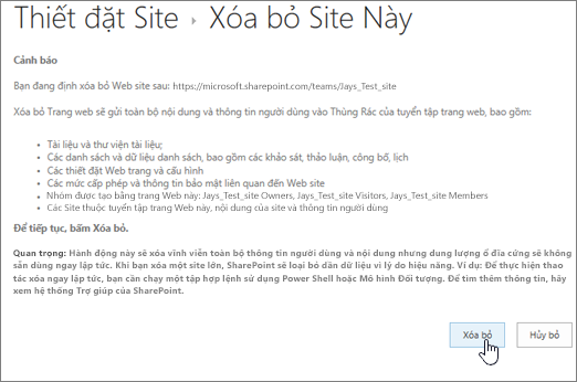 Xóa cảnh báo site và màn hình xác nhận