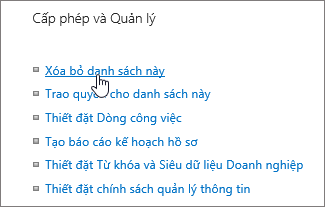 Hộp thoại Thiết đặt danh sách với Xóa danh sách này được tô sáng