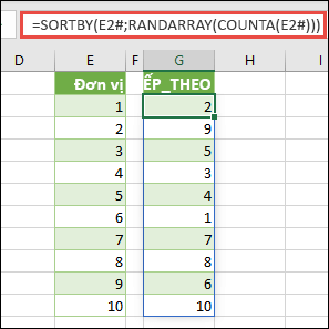 Sử dụng SORTBY cùng với RANDARRAY và COUNTA. Trong trường hợp này, E2# tham chiếu đến toàn bộ dải ô bắt đầu từ ô E2, được tạo tự động bằng cách sử dụng =SEQUENCE(10). Dấu # được gọi là toán tử dải ô tràn.