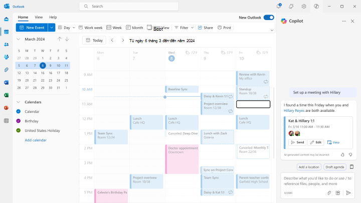 Screenshot of how to book one-one-meetings using Chat Assisted Scheduling in Outlook.