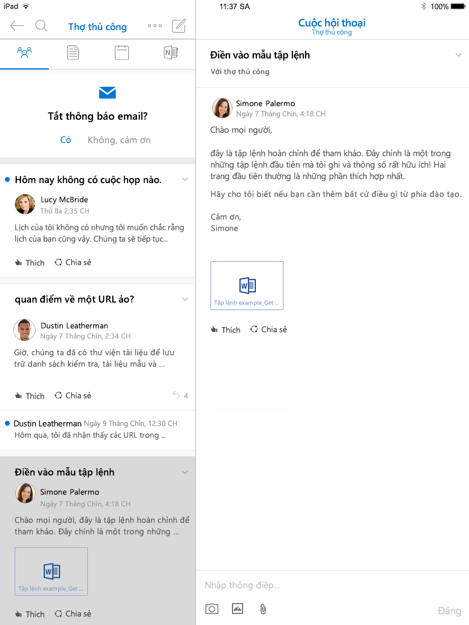 Dạng xem hội thoại trong nhóm Outlook cho iPad