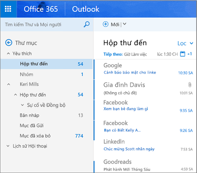 Các chế độ xem chính của Outlook trên web