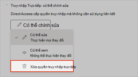 Ảnh chụp màn hình OneNote hiển thị cách loại bỏ truy nhập chia sẻ trực tiếp