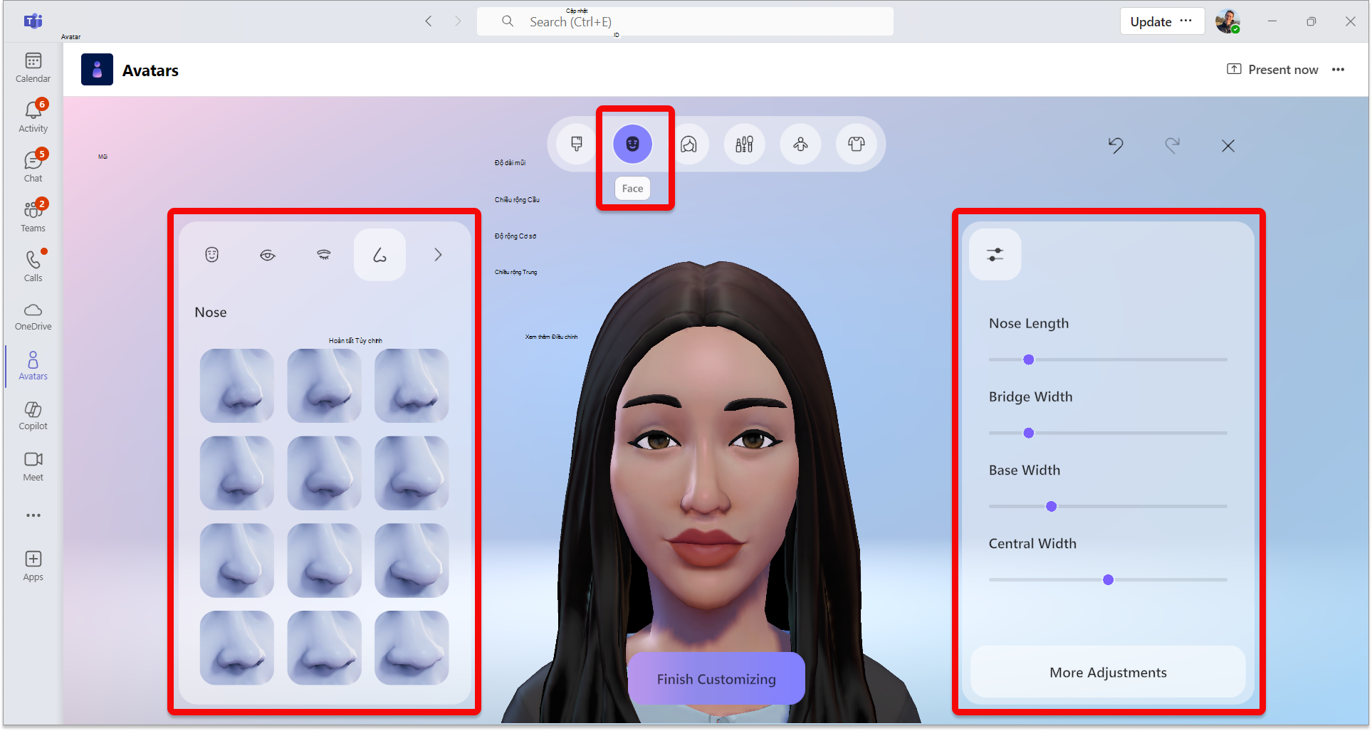 Ảnh chụp màn hình của ứng dụng Hình đại diện trong Teams hiển thị danh mục Khuôn mặt được chọn và điều chỉnh mũi với cửa sổ tinh chỉnh được tô sáng.