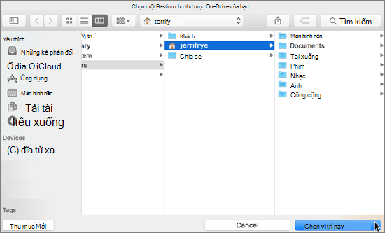 Ảnh chụp màn hình khi chọn vị trí thư mục trong trình hướng dẫn Chào mừng bạn đến với OneDrive trên máy Mac