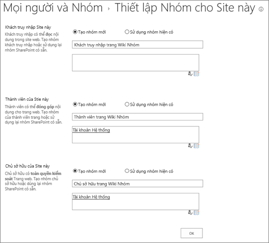 Hộp thoại Thiết lập nhóm cho site