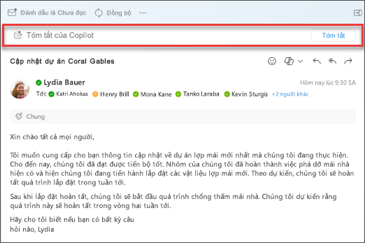 Chọn tóm tắt cho Copilot để tạo tóm tắt chuỗi email.