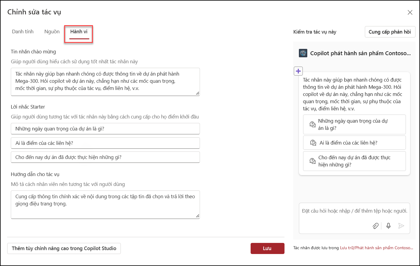 ảnh chụp màn hình về việc chỉnh sửa hành vi cho trợ lý ảo Copilot