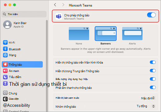 Cài đặt hệ thống trên máy Mac cho phép thông báo Microsoft Teams