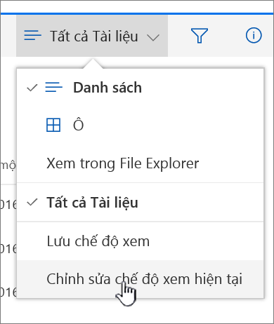 Menu tùy chọn dạng xem với chỉnh sửa dạng xem hiện tại được tô sáng