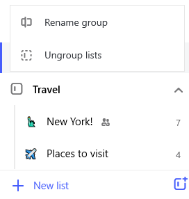 Ảnh chụp màn hình nhóm danh sách du lịch và menu soạn thảo mở với tùy chọn đổi tên nhóm và rã nhóm danh sách