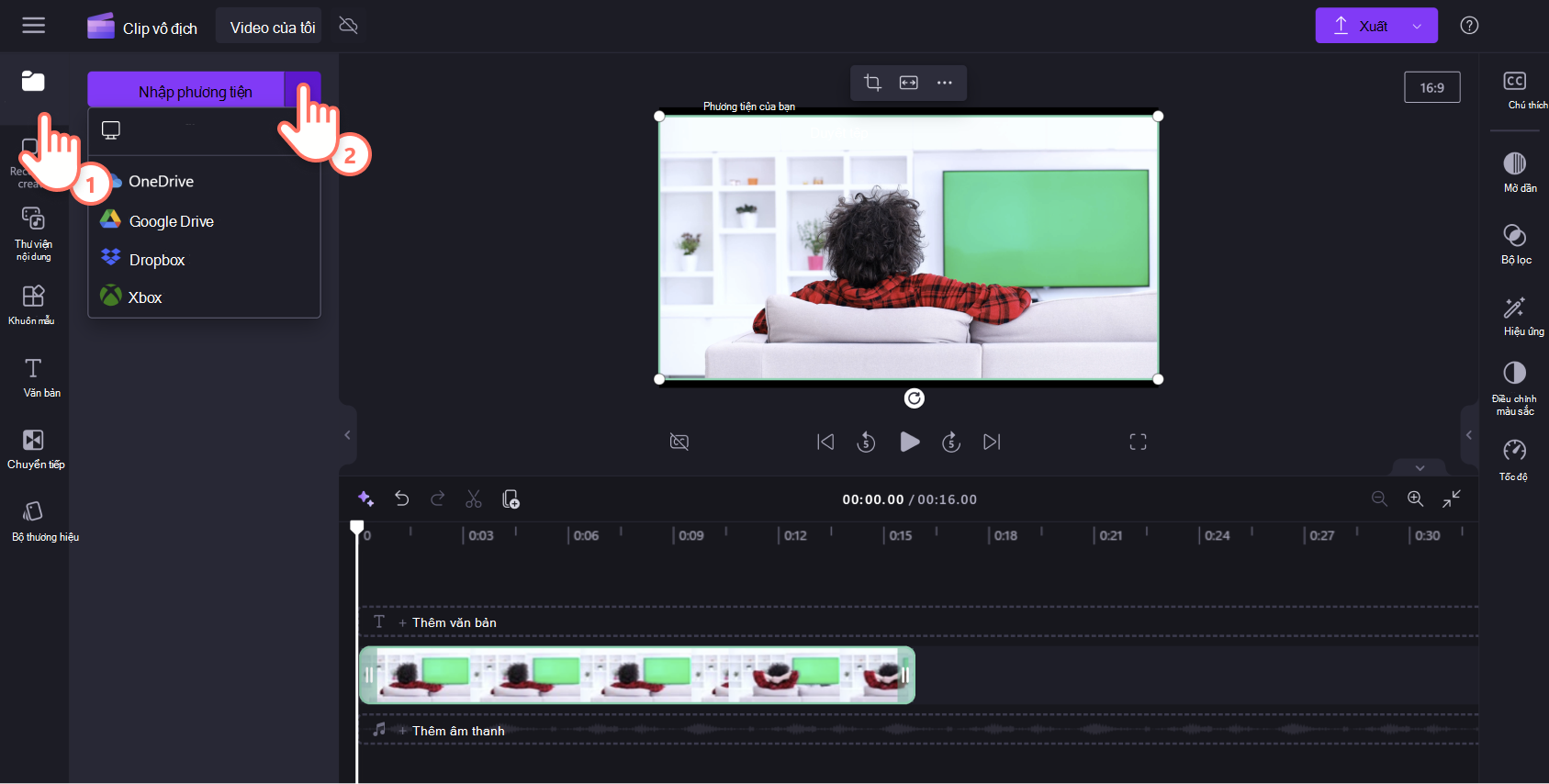 Hình ảnh người dùng Clipchamp nhập phương tiện vào tab phương tiện của bạn.