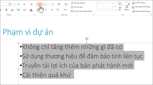 Văn bản đã chọn với dấu đầu dòng được áp dụng