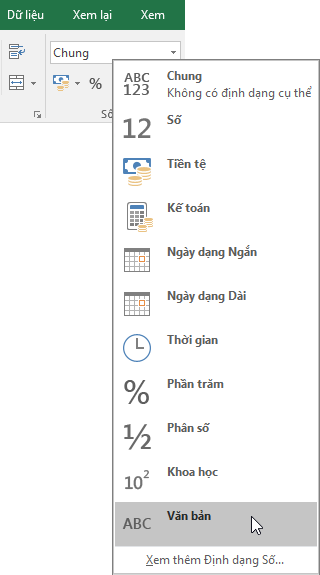 Trong Excel, trên tab Trang đầu, ở nhóm Số, hãy chọn mũi tên xuống trong hộp Chung để chọn định dạng số cần sử dụng.