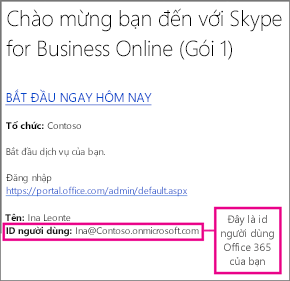Ví dụ về email chào mừng bạn nhận được sau khi đăng ký Skype for Business Online. Trong đó chứa id người dùng Office 365.