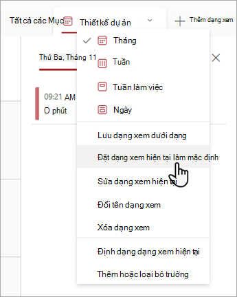 Ảnh chụp màn hình hiển thị cách chọn lệnh Đặt dạng xem hiện tại làm mặc định trong Danh sách.