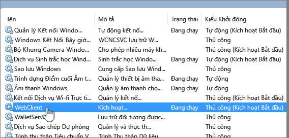 Services.msc with WebClient được tô sáng