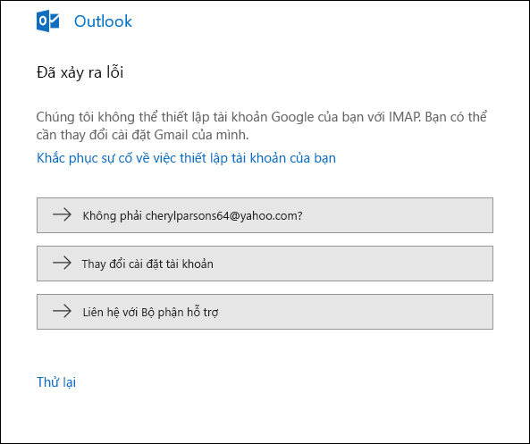 Đã xảy ra lỗi khi thêm tài khoản email vào Outlook.