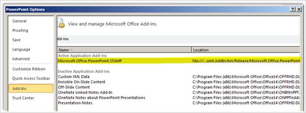 Tùy chọn Powerpoint, màn hình Bổ trợ với bổ trợ STAMP được tô sáng