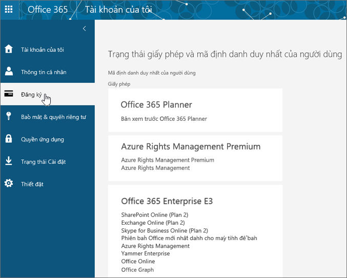 Trang Đăng ký của Office 365
