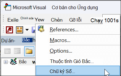 Cửa sổ Visual Basic for Applications Microsoft với tùy chọn Chữ ký Số được chọn trên menu thả xuống.