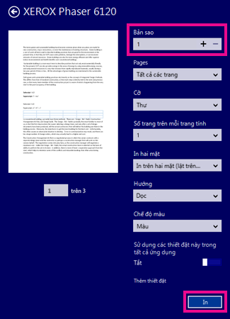 Các tùy chọn máy in trong Bộ đọc của Windows 8