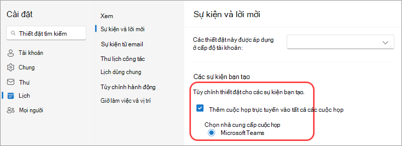 Đặt Microsoft làm nhà cung cấp cuộc họp trực tuyến mặc định của bạn trong cài đặt Lịch.