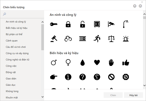 Bạn có thể chọn một biểu tượng để chèn từ thư viện Biểu tượng trong Office
