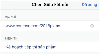 Hộp thoại Chèn Siêu kết nối, hiển thị các trường ĐỊA CHỈ và HIỂN THỊ.