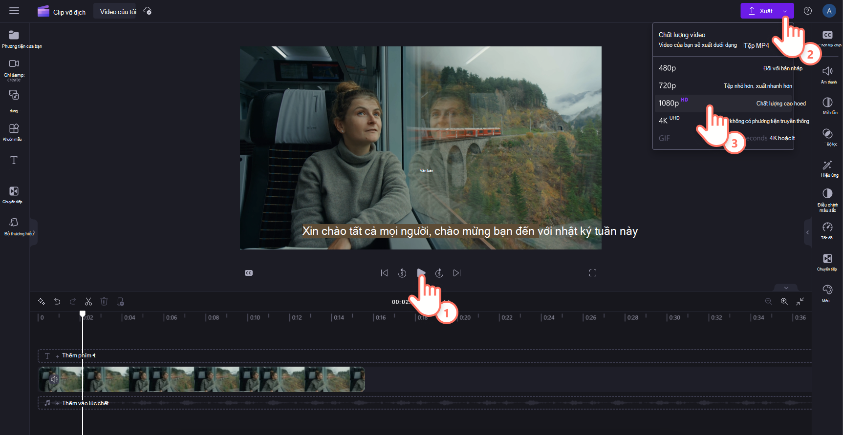 Hình ảnh về việc người dùng xem trước rồi xuất video ở chế độ 1080p