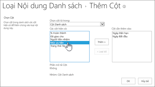 Trang Thêm cột với một cột sẵn dùng được tô sáng