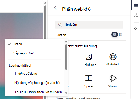 Lọc các phần web ở mức 2 của hộp công cụ