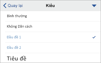 Hộp thoại Kiểu với Đầu đề 1 được chọn.