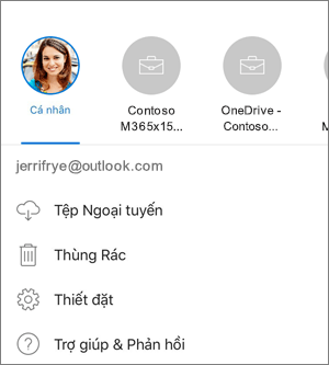 Ảnh chụp màn hình việc chuyển đổi giữa các tài khoản trong ứng dụng OneDrive trên iOS