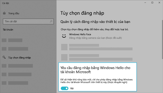 Bật tùy chọn sử dụng Windows Hello để đăng nhập vào tài khoản Microsoft.