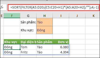 Sử dụng FILTER cùng với hàm SORT để trả về tất cả giá trị trong dải ô mảng (A5:D20) có chứa Táo VÀ thuộc khu vực Phía đông, rồi sắp xếp Đơn vị theo thứ tự giảm dần.