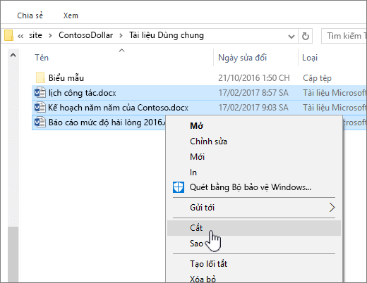 Bấm chuột phải và chọn cắt để di chuyển tệp