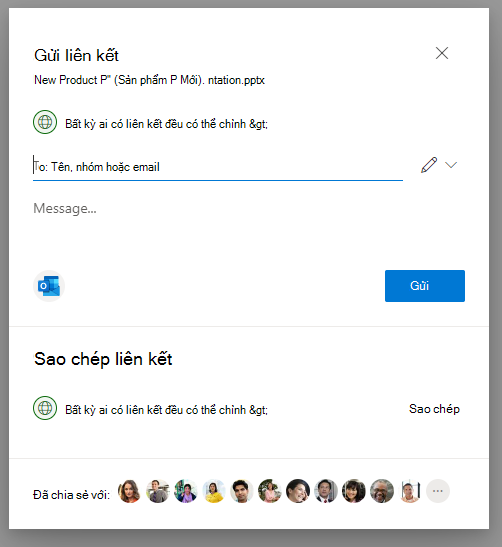 Ảnh chụp màn hình trang Cài đặt Kết nối trên cửa sổ bật lên Chia sẻ trong OneDrive