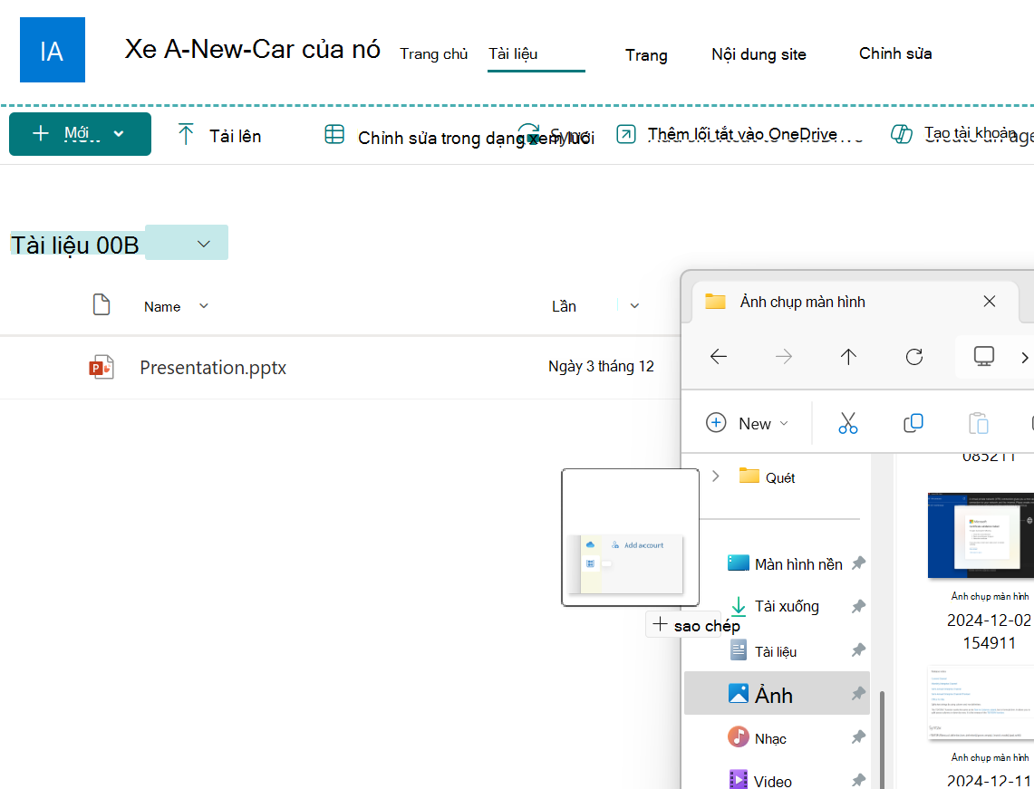 Tệp hình ảnh được kéo từ cửa sổ Explorer vào thư viện tài liệu SharePoint
