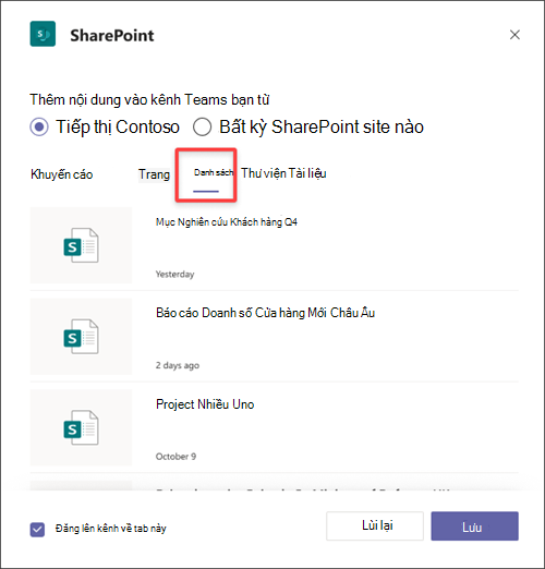 Thêm danh SharePoint trang dưới dạng tab trong Teams.