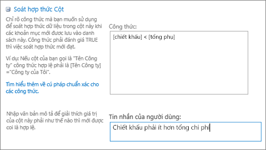 Hộp thoại xác thực cột với các trường được điền bằng dữ liệu mẫu