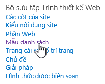 Nối kết mẫu danh sách trên trang thiết đặt trang