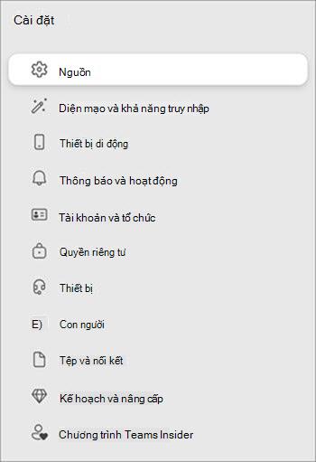 Danh sách các tùy chọn thiết đặt với các biểu tượng và tên