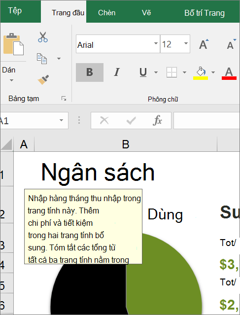 Clip màn hình của Excel diện người dùng hiển thị hướng dẫn dựng sẵn